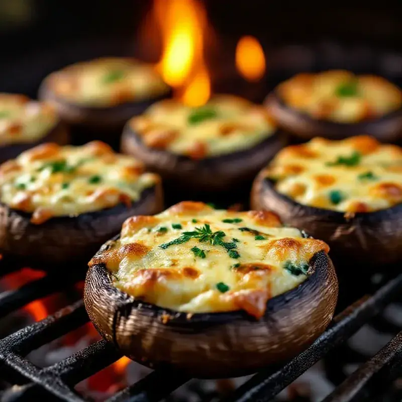Stuffed portobello mushrooms on a grill, golden-brown caps filled with cheese and herbs, warm charcoal fire light, 85...