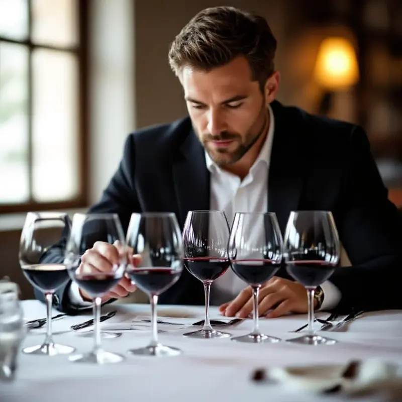 A wine professional conducting a blind tasting, multiple glasses of different red and white wines lined up on a white...