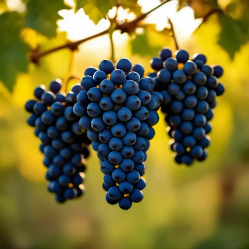 Napa Valley Cabernet Sauvignon grape clusters hanging heavy on the vine, deep blue-black berries with a dusty bloom,...