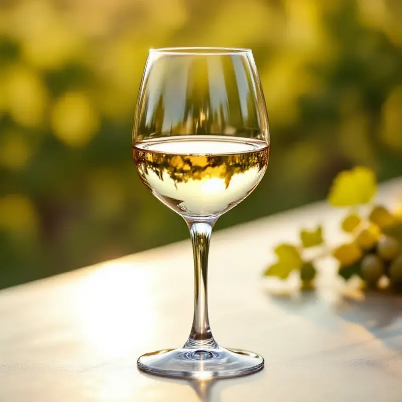 A crystal Burgundy-style glass filled with a pale golden California Chardonnay, soft diffused light showing the wine'...