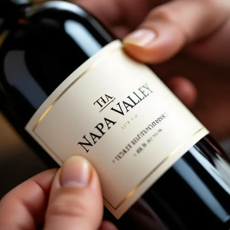 A Napa Valley wine label being examined by a hand, the label showing elegant typography on a cream background, soft d...