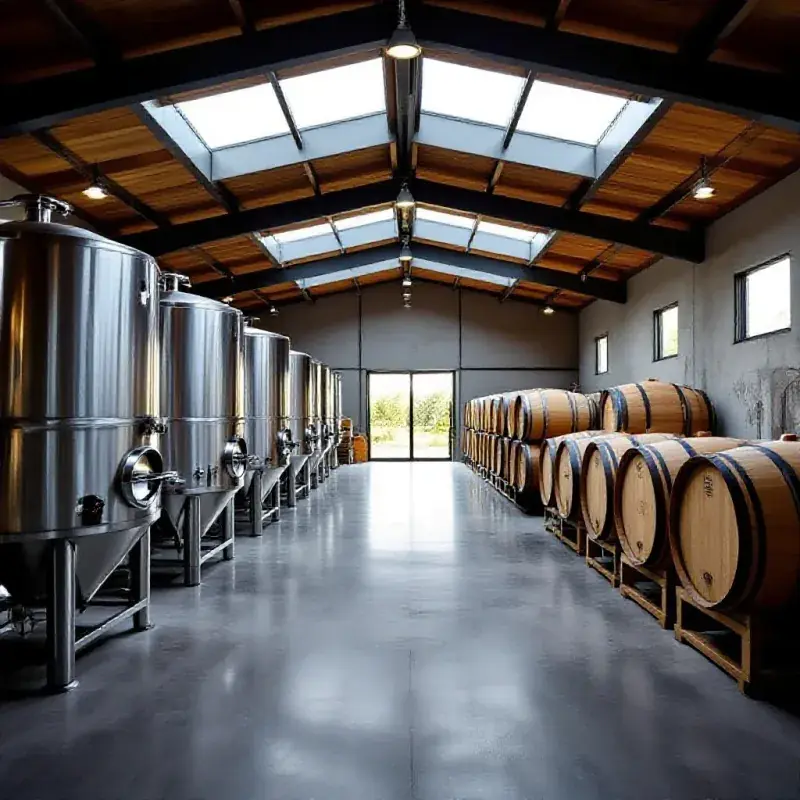 A modern California winery with stainless steel tanks and new French oak barrels in a sleek space with concrete floor...