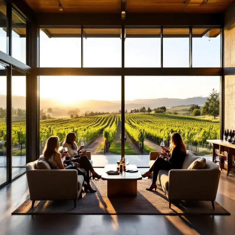 A modern California winery tasting room with floor-to-ceiling windows overlooking vine rows, guests enjoying wine on...