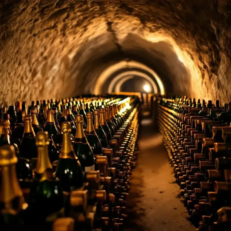 Hundreds of champagne bottles aging on riddling racks in a chalky underground cave, soft amber cellar light filtering...
