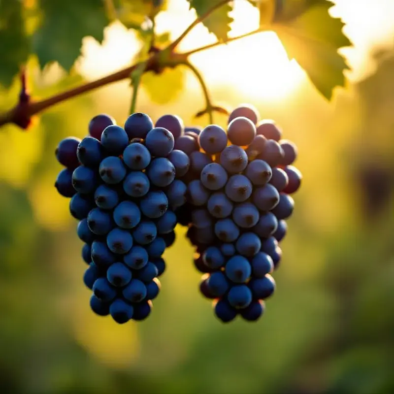 Pinot noir grape clusters hanging from the vine, deep purple-black berries with a dusty bloom, warm afternoon sunligh...