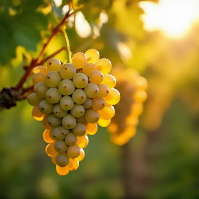 Chardonnay grape clusters glowing golden-green in warm sunlight, perfectly ripe berries with a delicate translucent s...