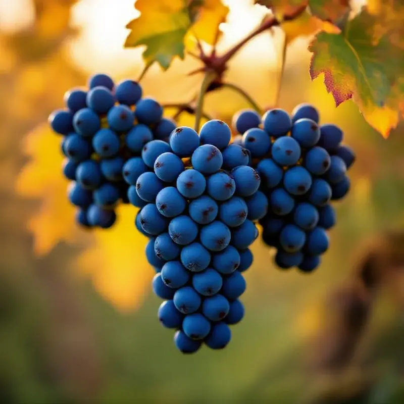 Meunier grape clusters on the vine, blue-black berries with a dusty bloom catching warm afternoon light, surrounded b...