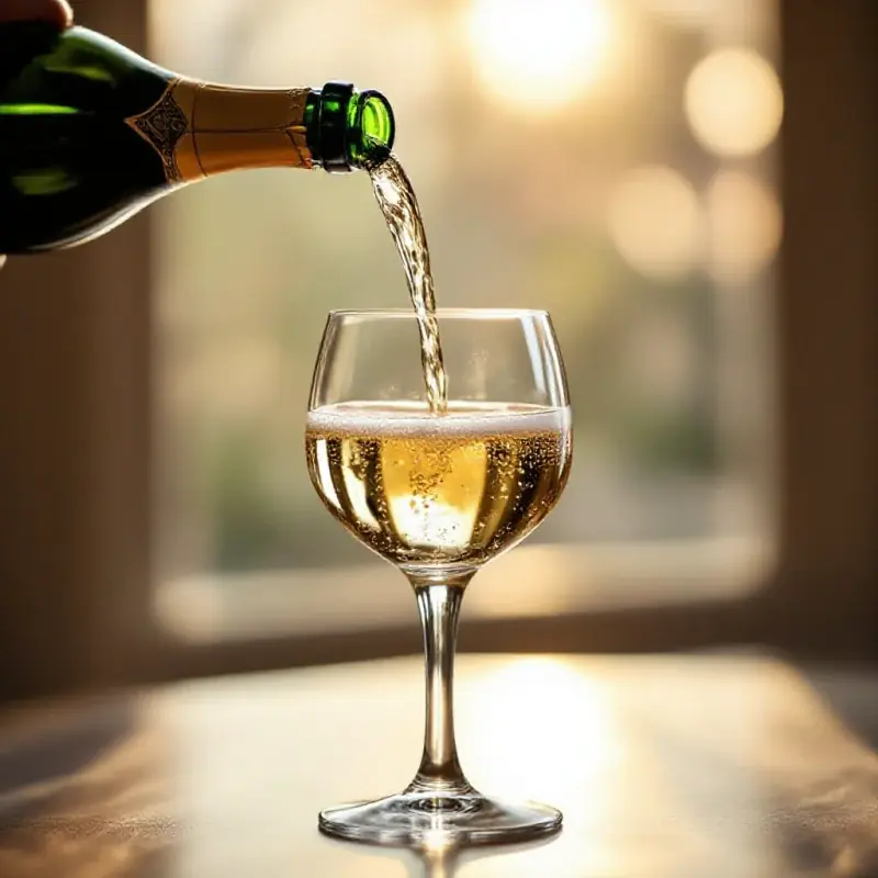Champagne being poured from a bottle into an elegant tulip-shaped glass, streams of fine persistent bubbles rising th...