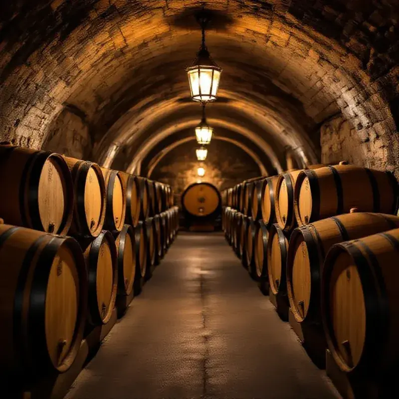 A wine cellar with rows of French oak barrels aging Chardonnay, soft amber lantern light, stone walls, and the faint...