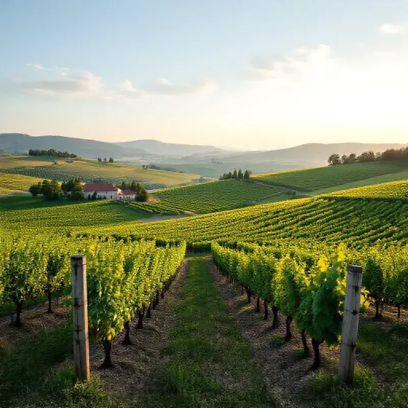 Burgundy Chardonnay vineyards on limestone slopes in soft morning light, the Côte de Beaune characteristic landscape...