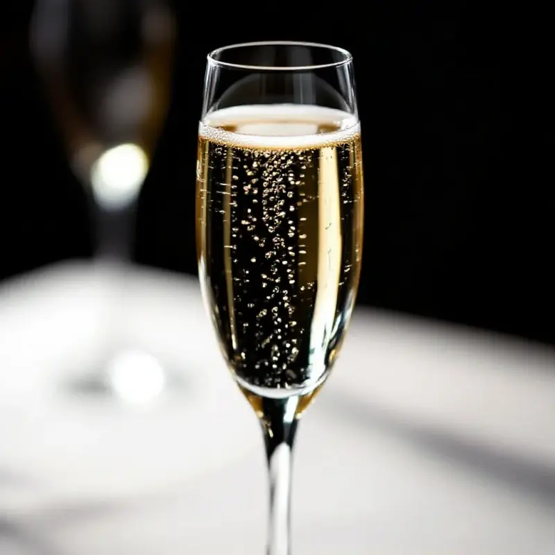 Champagne bubbles rising in an elegant flute glass, fine persistent streams of bubbles catching soft diffused light a...