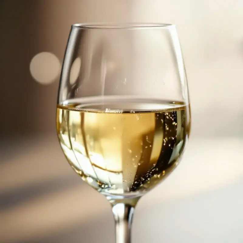 A sparkling dry white wine glass with a pale straw color, condensation on the outside catching soft diffused light, c...