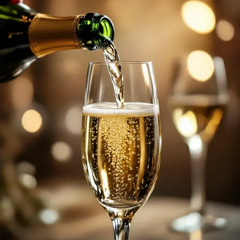 A sparkling wine being poured into an elegant flute, fine bubbles streaming upward in the golden-straw liquid, soft d...