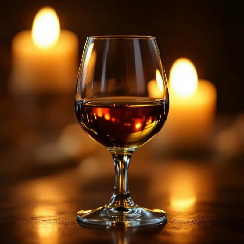A Sauternes-style liquoreux wine in a small dessert glass, the deep golden amber color glowing in warm candlelight, 8...