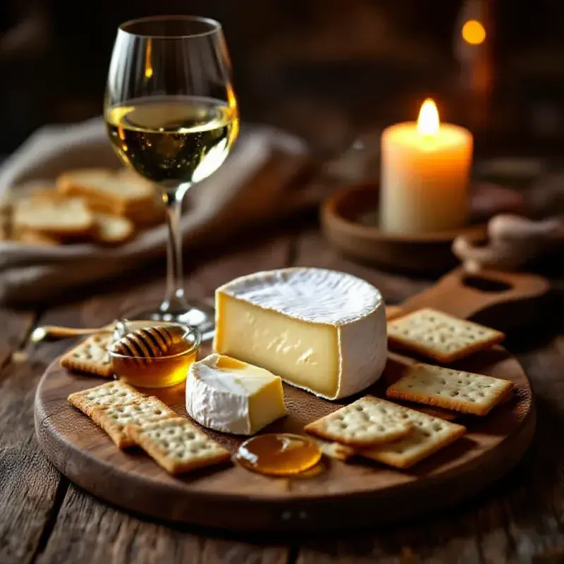A rustic cheese board with aged goat cheese, Époisses, honey, and crackers beside a glass of Chenin Blanc on a worn w...