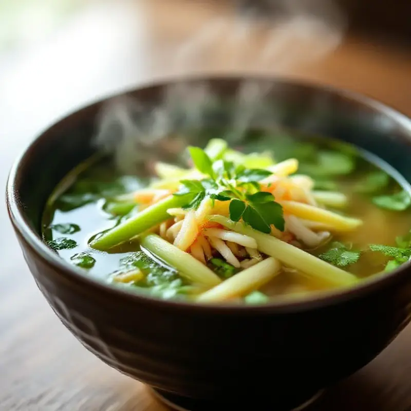 An aromatic Asian dish with lemongrass, ginger, and green herbs in a steaming broth, fresh and fragrant, soft natural...