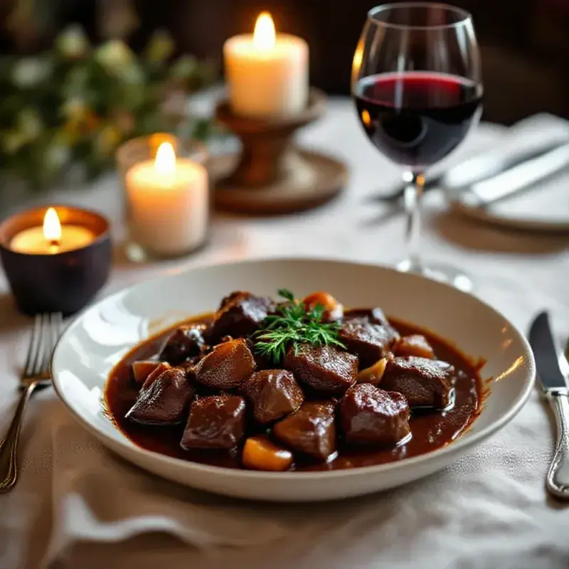 A hearty braised meat dish in dark sauce with a glass of red wine beside it on a linen tablecloth, demonstrating a ri...