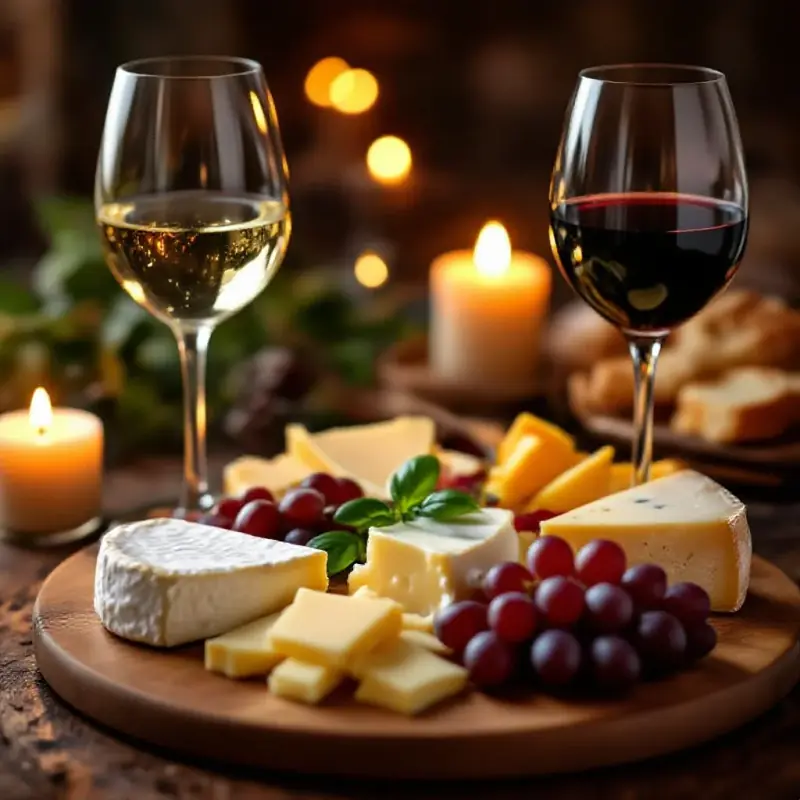 A diverse cheese board with a glass of white wine and a glass of red wine both present, showing the complexity of win...