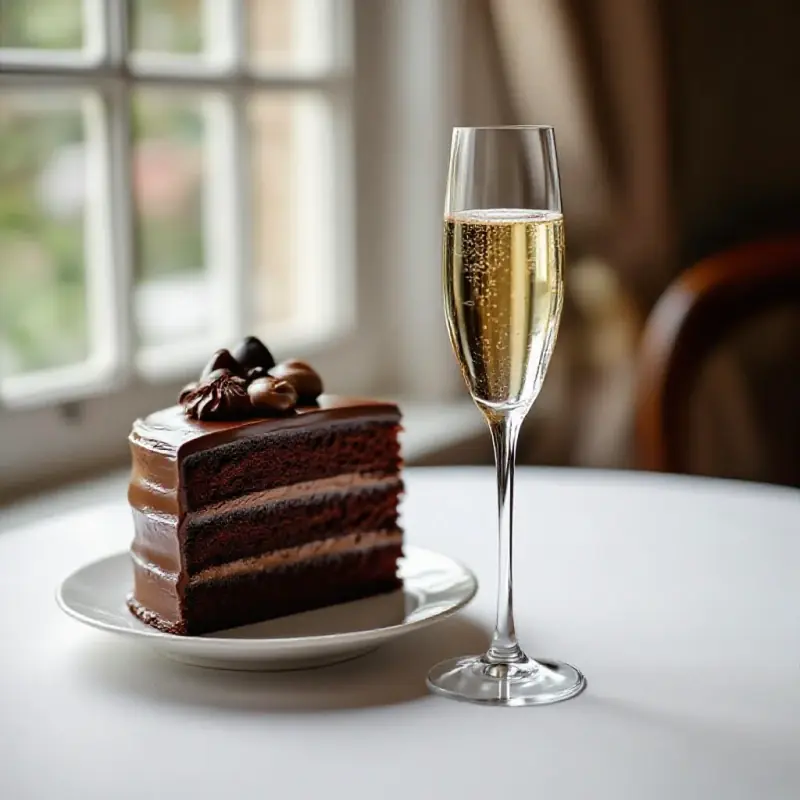 A champagne flute beside a chocolate layer cake on a white table, the classic but problematic pairing composition, so...