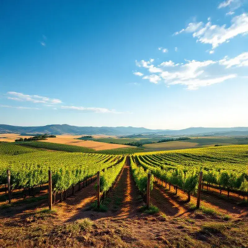 A Castilian high plateau landscape with rolling vineyards extending toward the horizon under a vast blue sky, parched...