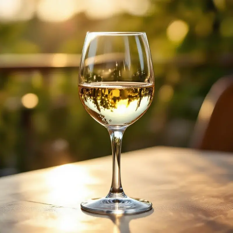 A crystal glass of crisp Albariño white wine with condensation drops on the outside, placed on a sun-drenched terrace...