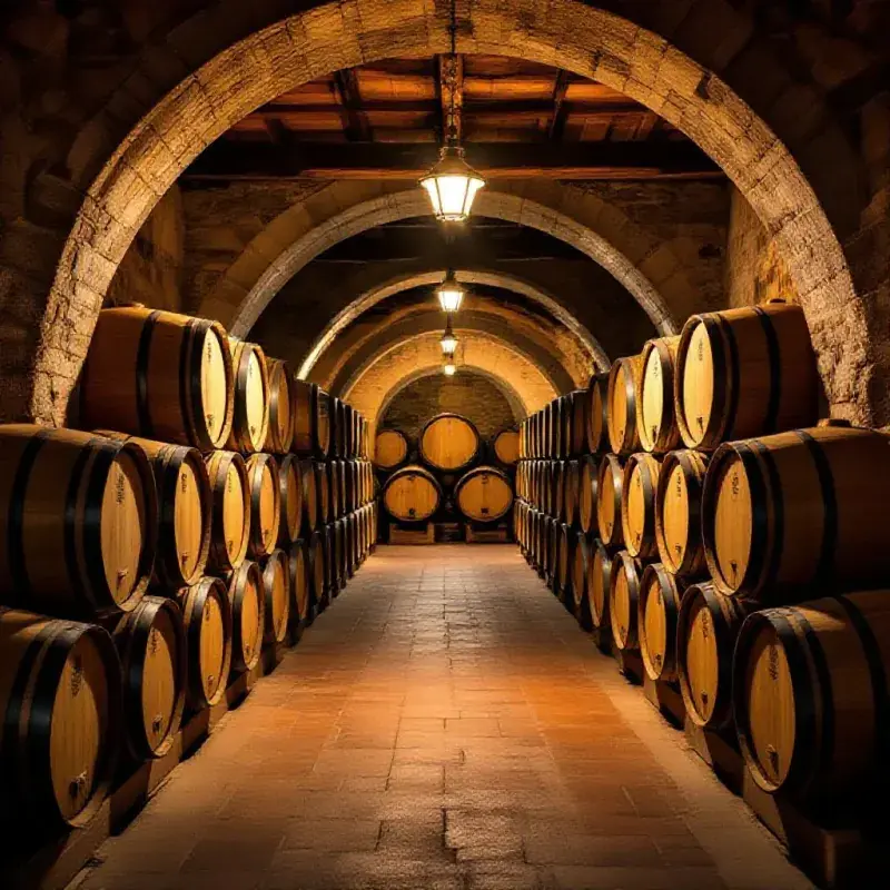 A traditional Rioja wine cellar with rows of American oak barrels stacked three high, warm amber light filtering thro...