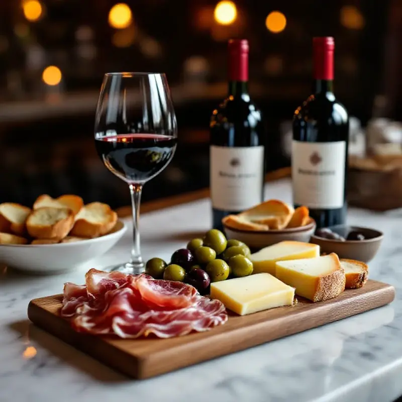 An authentic Spanish tapas spread with jamón ibérico, manchego cheese, olives, and a glass of Rioja red wine on a mar...