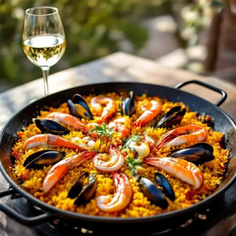 An authentic Spanish paella in a large blackened pan with rice, seafood, and saffron-orange coloring, accompanied by...