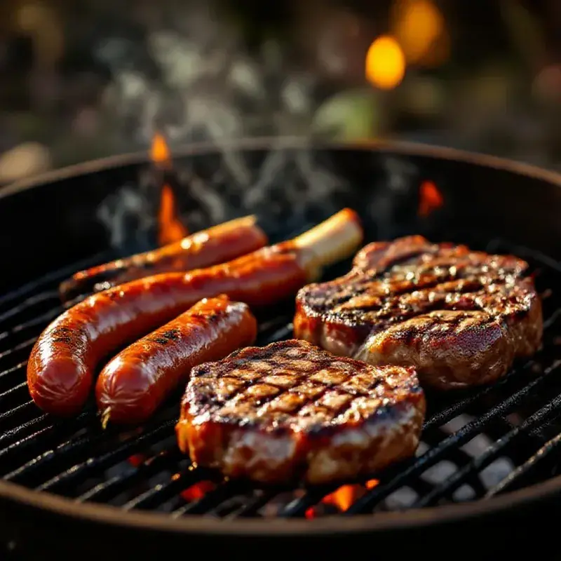 Grilled Spanish meats including chorizo and lamb chops on a charcoal grill, the charred meat and rising smoke catchin...