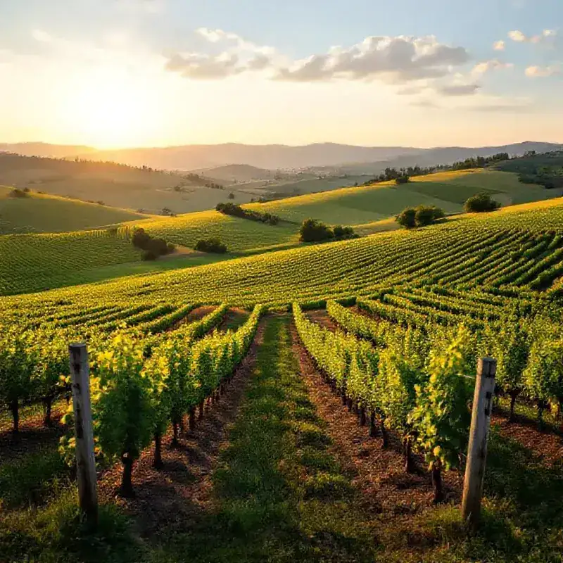 Rolling Beaujolais Crus vineyard hills with granite terroir visible between the rows, warm afternoon light casting ge...
