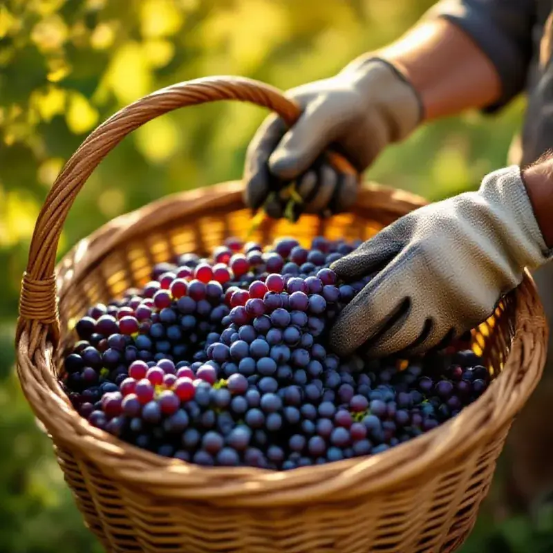 Gamay grape clusters being harvested by hand, the small deep-ruby berries tumbling into a wicker basket, a winemaker'...