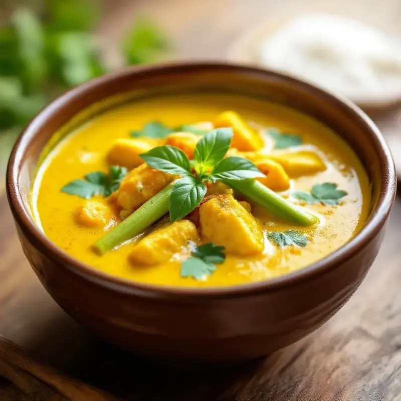 A fragrant Asian curry dish with turmeric-yellow sauce, lemongrass, and fresh herbs in an earthenware bowl, vibrant a...