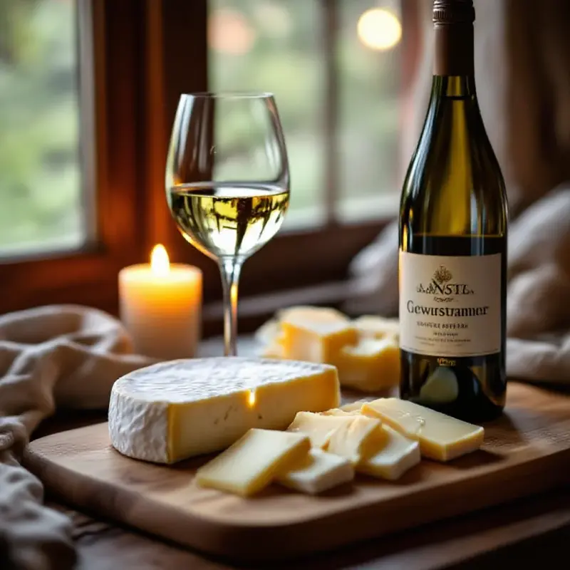 A cheese board featuring Munster fermier and a glass of Gewurztraminer, the strong cheese and aromatic wine a classic...