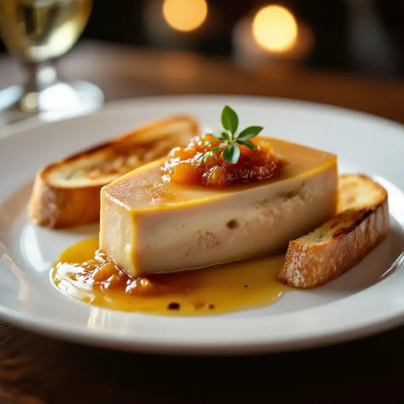 An elegant foie gras terrine slice with golden fig chutney and brioche toast on a white plate, soft diffused restaura...
