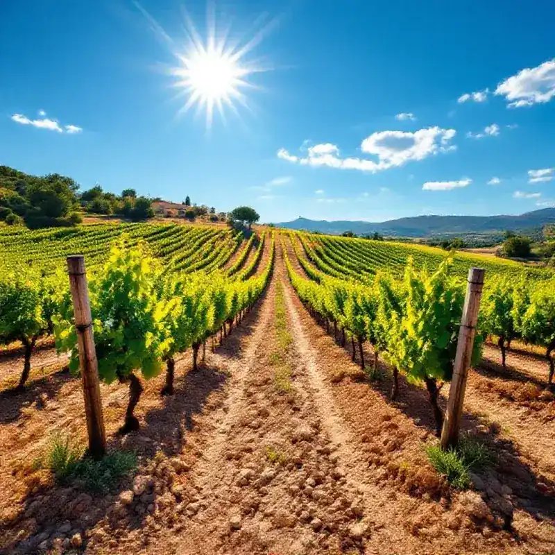 A sun-baked Spanish Garnacha vineyard on rocky limestone terrain, bush-trained old vines on parched terracotta soil u...