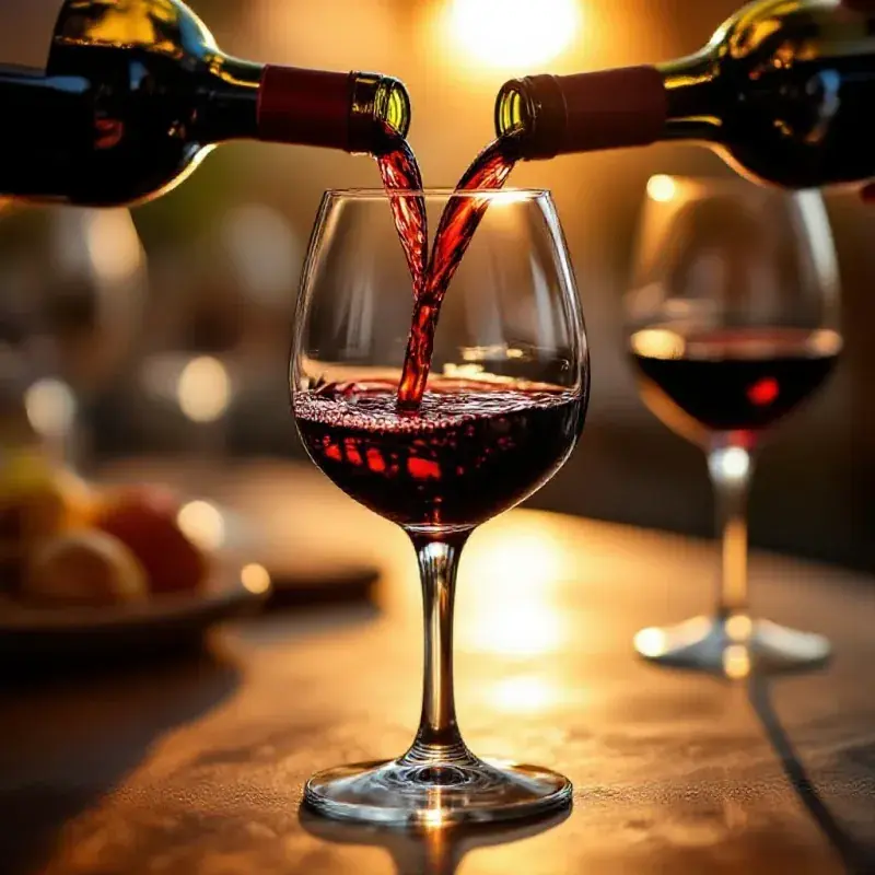 Grenache wine being poured into a large glass, the rich ruby liquid with orange glints catching warm afternoon light,...