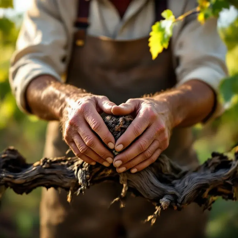 A winemaker’s weathered hands cupping the canes of an ancient Grenache vine, the knotted wood and calloused hands tel...