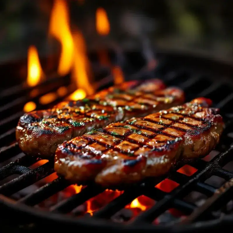 Sizzling grilled meat on a charcoal barbecue, fat dripping and caramelizing, warm amber fire light, 85mm f/2