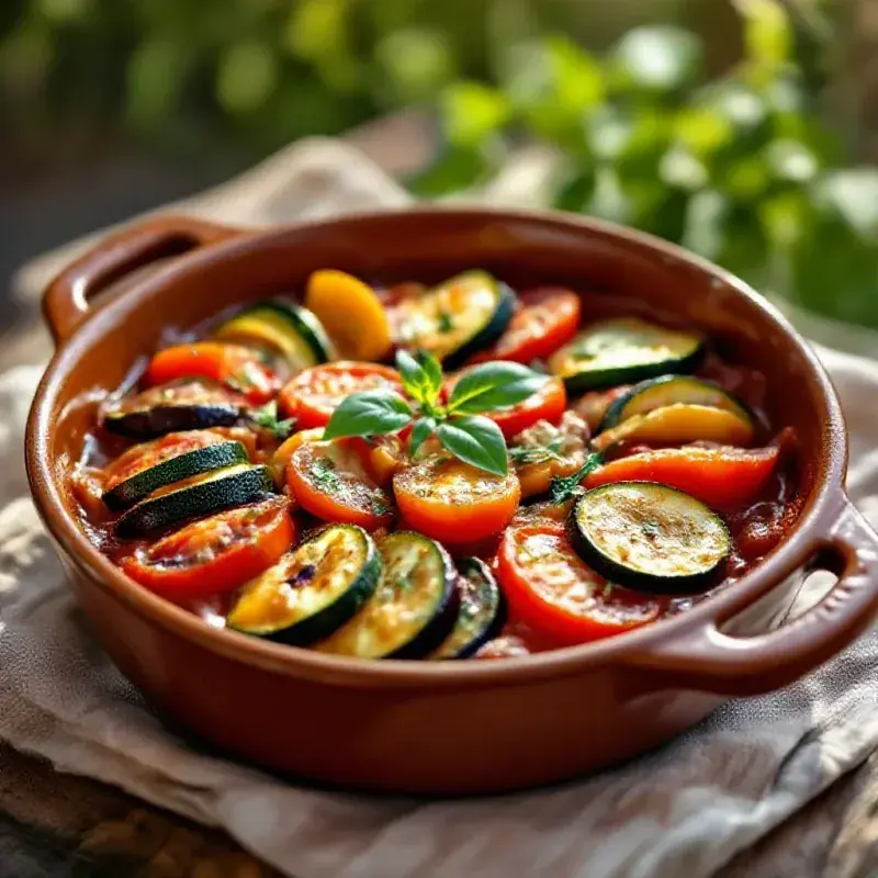 A rustic ratatouille in a terracotta dish with sliced zucchini, tomatoes, and aubergine, fresh herbs on top, warm Med...