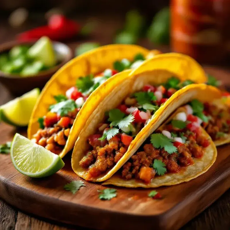 Spicy Mexican chili tacos on a wooden board with vibrant red sauce, lime wedges, and fresh cilantro, warm ambient lig...