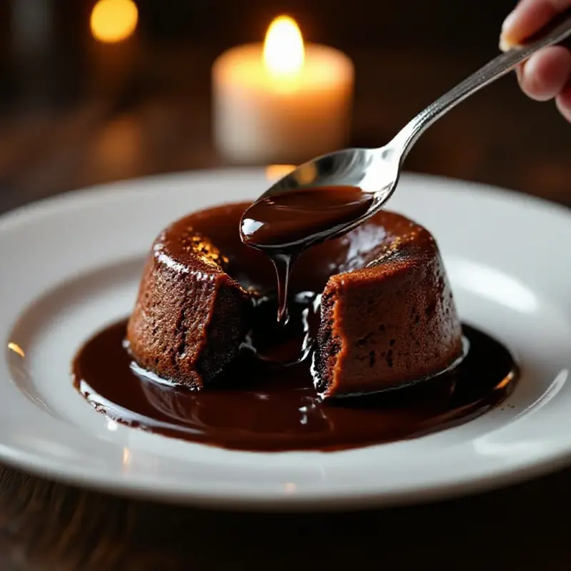 A warm chocolate fondant dessert with a molten center revealed by a spoon, dark chocolate liquid pooling on the white...