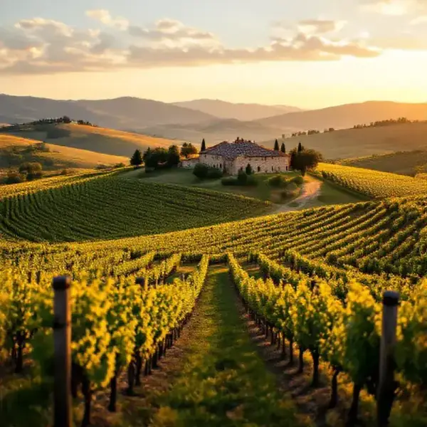 A rolling wine region landscape with vine-covered hillsides glowing amber and gold in late afternoon light, a stone f...