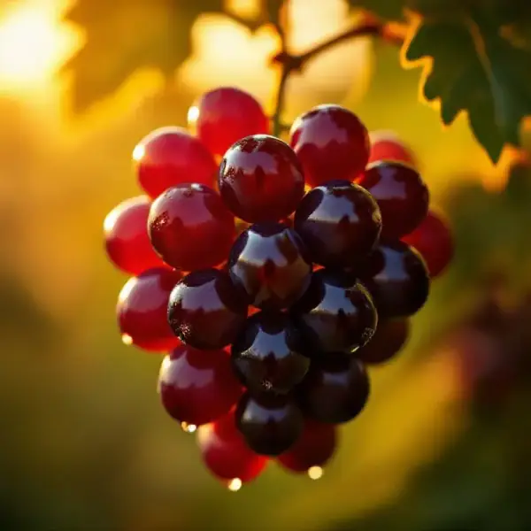 A perfect cluster of deep ruby red wine grapes backlit by golden afternoon sunlight, each berry glowing translucent a...