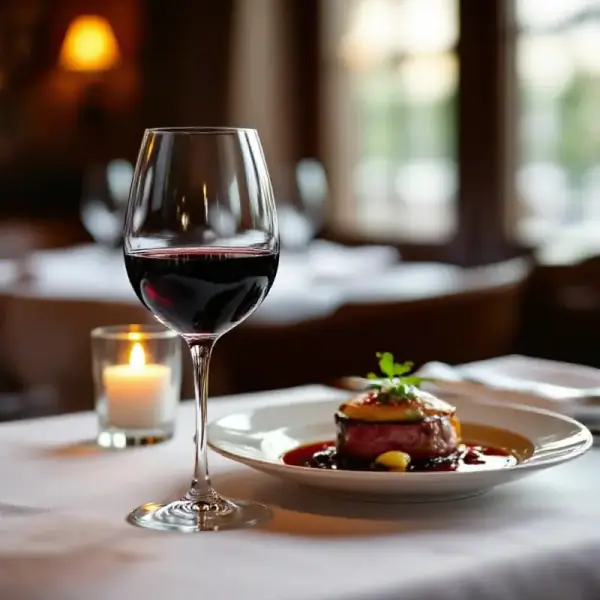 An elegant wine glass filled with deep garnet wine beside a beautifully plated gastronomic dish on a linen-covered ta...