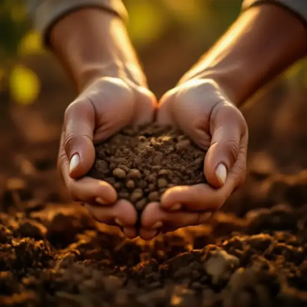 Weathered winemaker hands gently cupping a handful of mineral-rich vineyard soil, terracotta and clay tones in the ea...