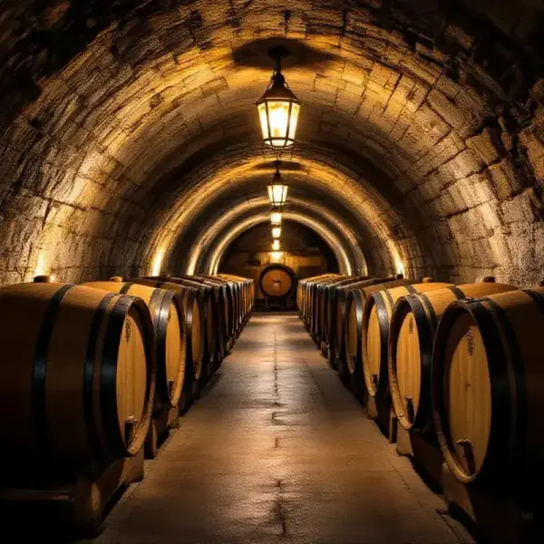 A stone-vaulted wine cellar interior with rows of French oak barrels resting on their sides, soft amber lantern light...