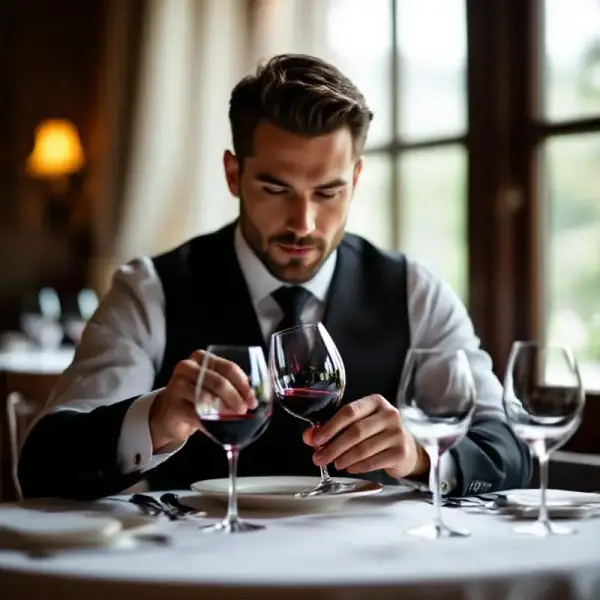 A sommelier examining a wine glass against soft diffused light, professional tasting context with multiple glasses on...