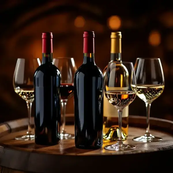Several elegant wine bottles and crystal glasses arranged on an oak barrel top, warm amber backlighting catching the ...