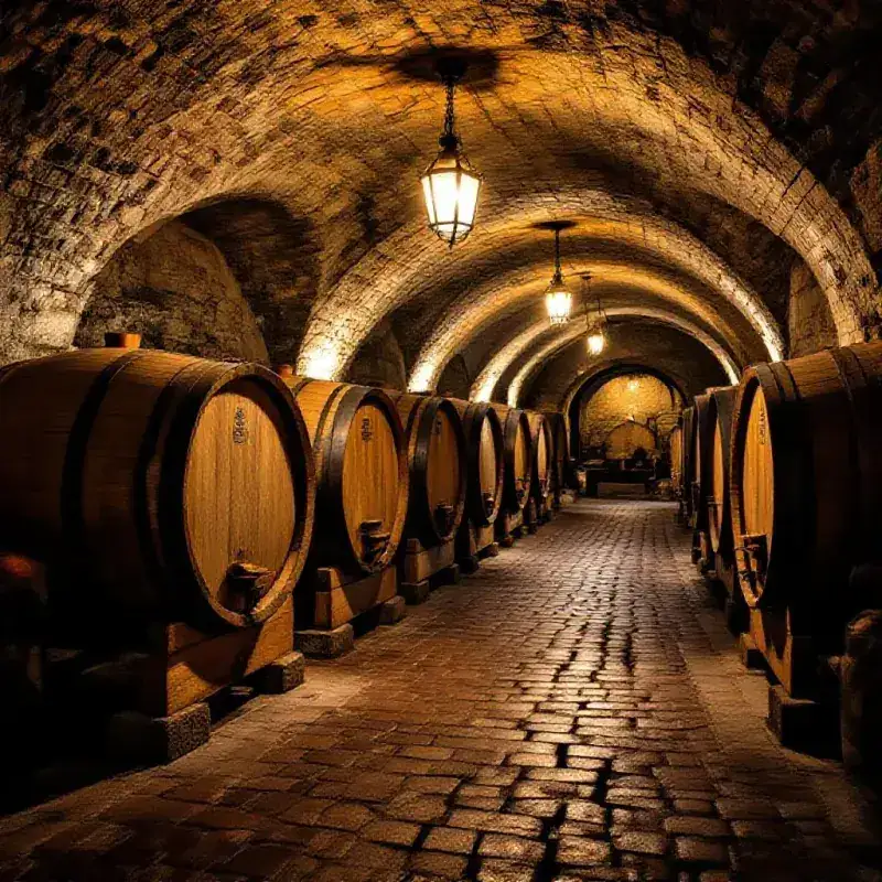 An ancient Italian stone-vaulted wine cellar with large old oak casks and cobblestone floor, soft amber lantern light...