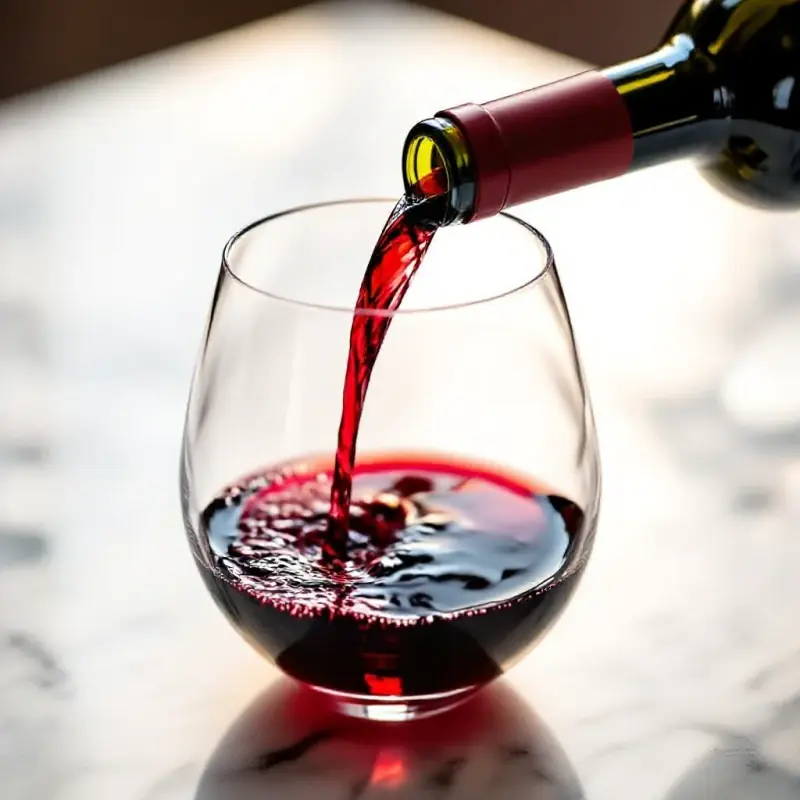 A Tuscan Sangiovese red wine being poured into a large Bordeaux-style glass, the deep ruby liquid catching warm ambie...